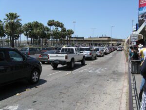 Cars waiting to cross the border
