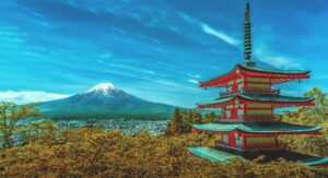 Pagoda and Mt Fuji, blockchain content distribution