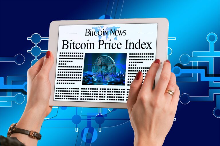 Hands holding a tablet, headline is "Bitcoin Price Index"