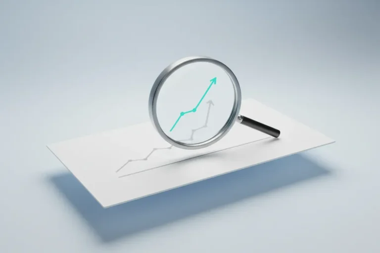 Magnifying glass revealing a glowing upward trend line on a minimalist, text-free chart against a soft neutral background.